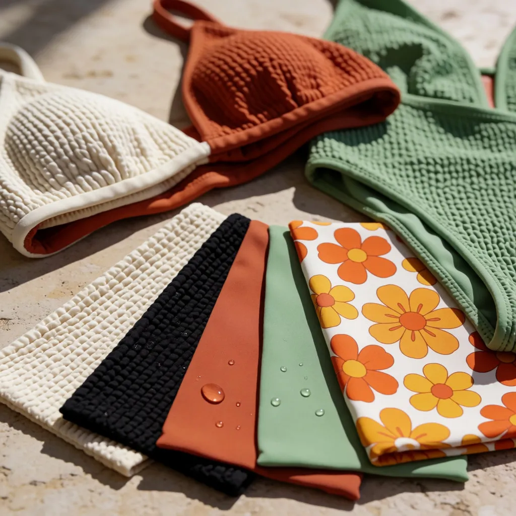 Swatches of swimwear fabric: crinkle, recycled polyamide, neutral and warm tones