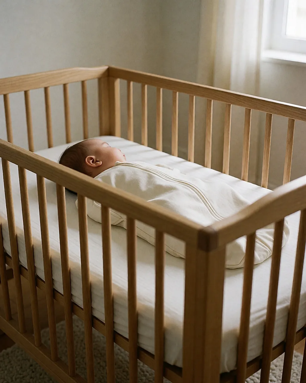 Ein Baby schläft auf dem Rücken in einem Gitterbett, ohne Nestchen und ohne Decke