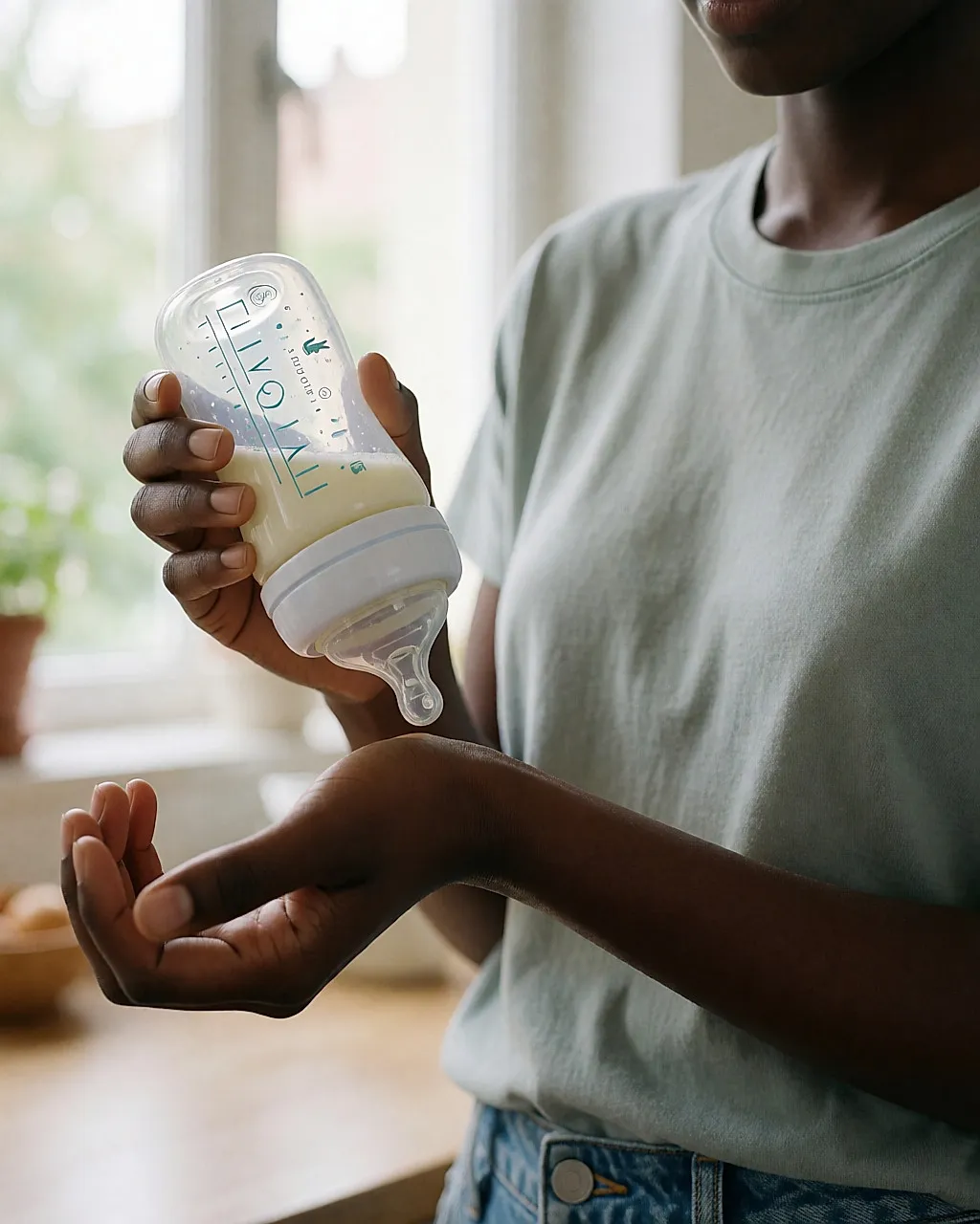 Einige Tropfen Milch auf der Innenseite eines Handgelenks
