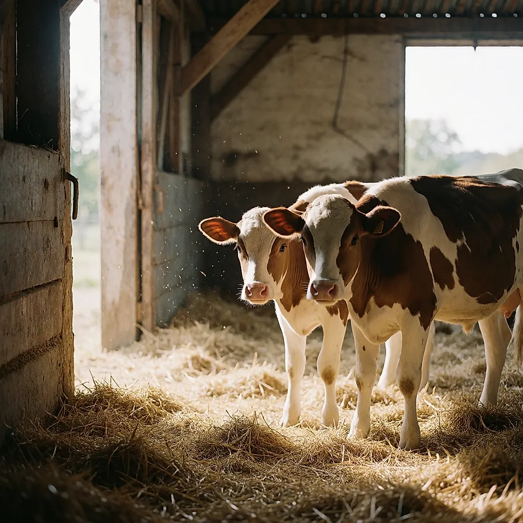 Um pequeno rebanho de vacas leiteiras numa pastagem ladeada por sebes, à luz do entardecer.