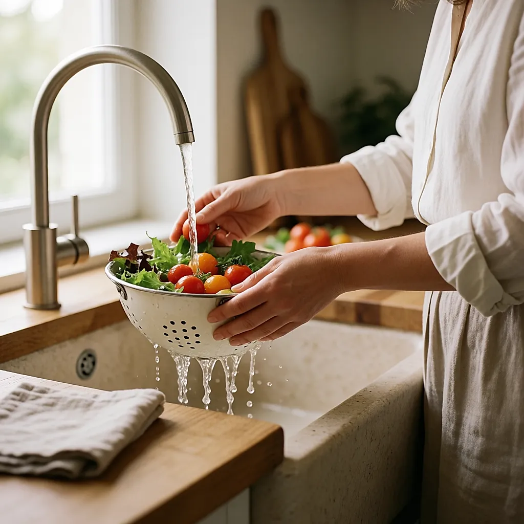 Des mains rincent des tomates et de la salade sous l'eau du robinet
