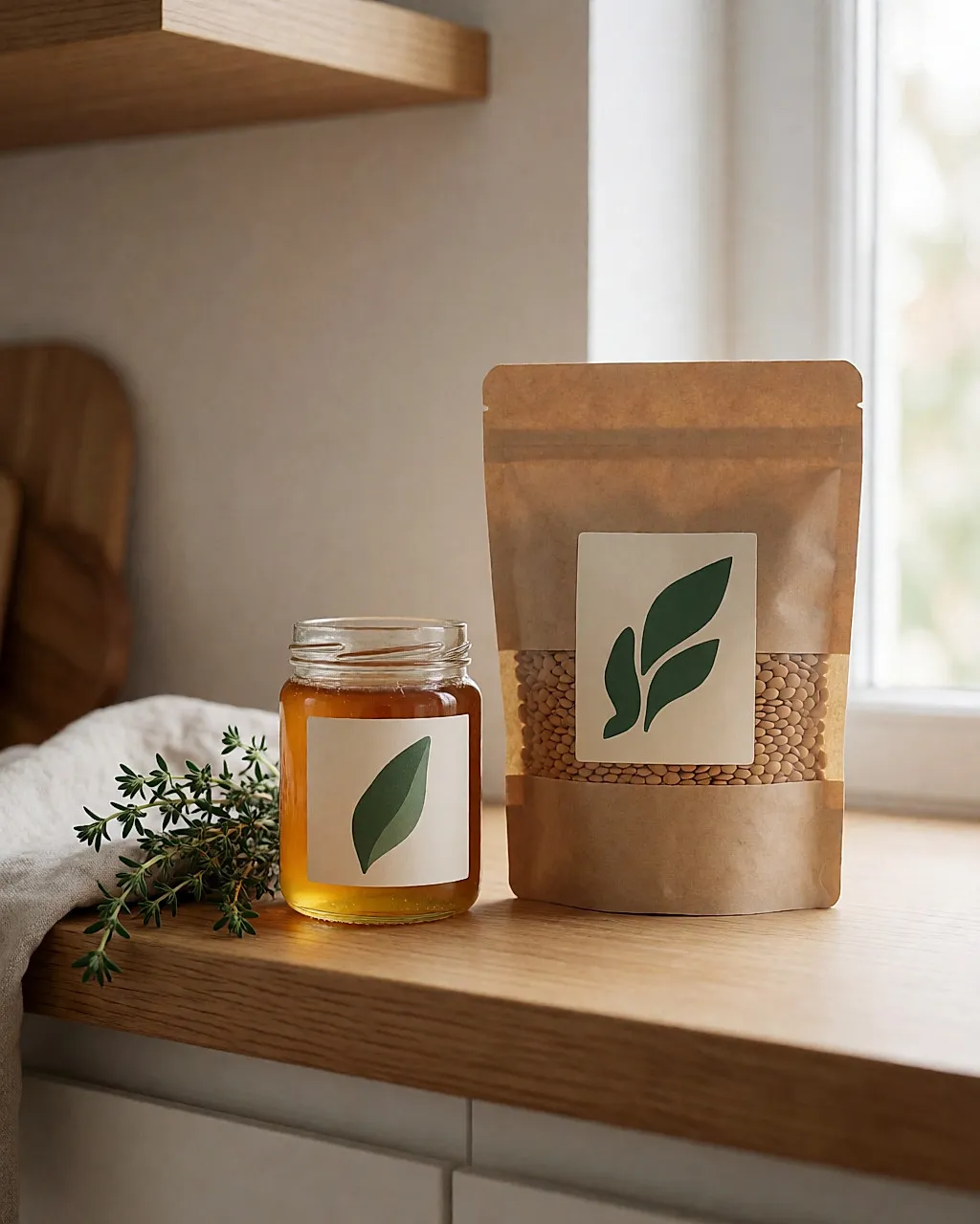 Um frasco de mel e um saco de papel kraft com lentilhas e rótulo em branco, numa prateleira de madeira clara.