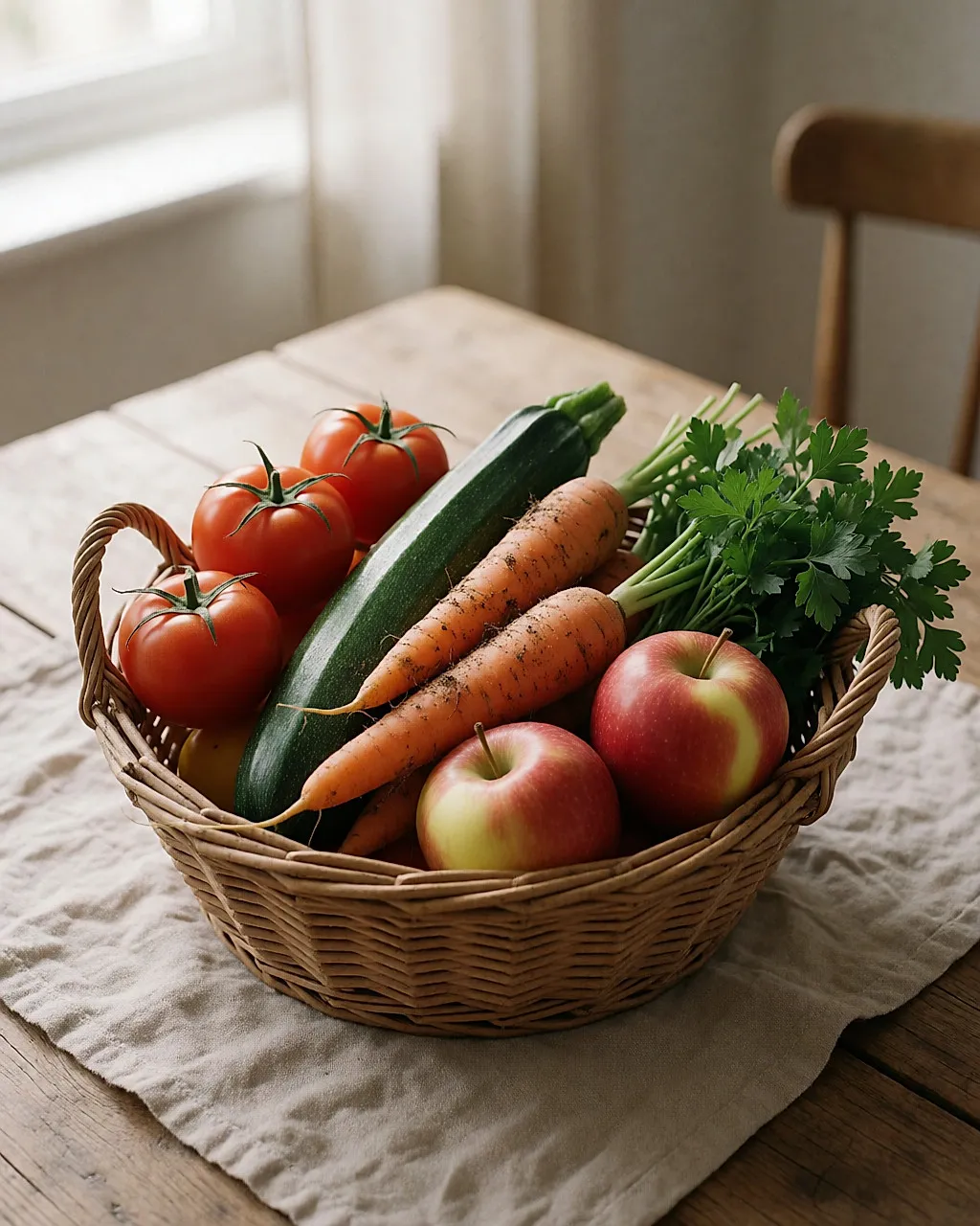 Um cesto de vime transbordante de fruta e hortícolas frescos sobre uma mesa de madeira crua.