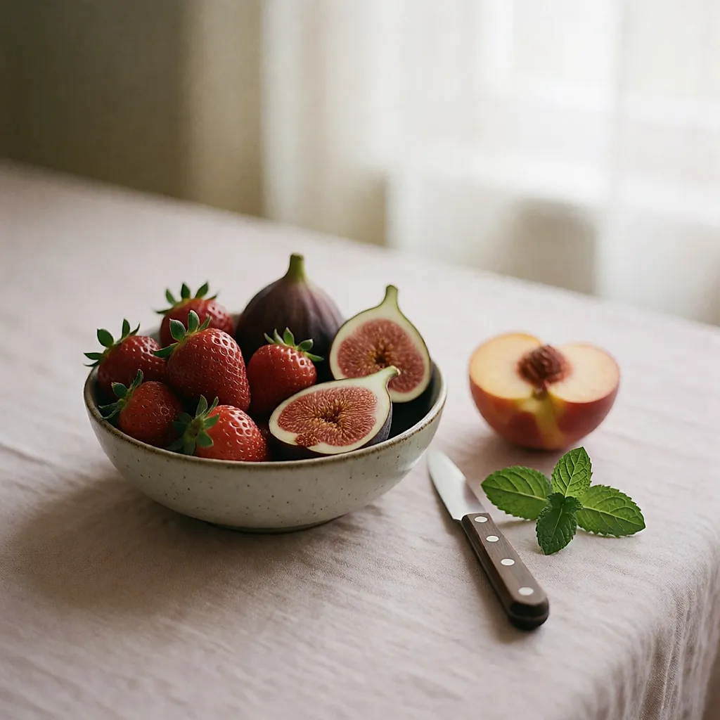 Un bol de fruits bio colorés posé sur un linge de lin clair