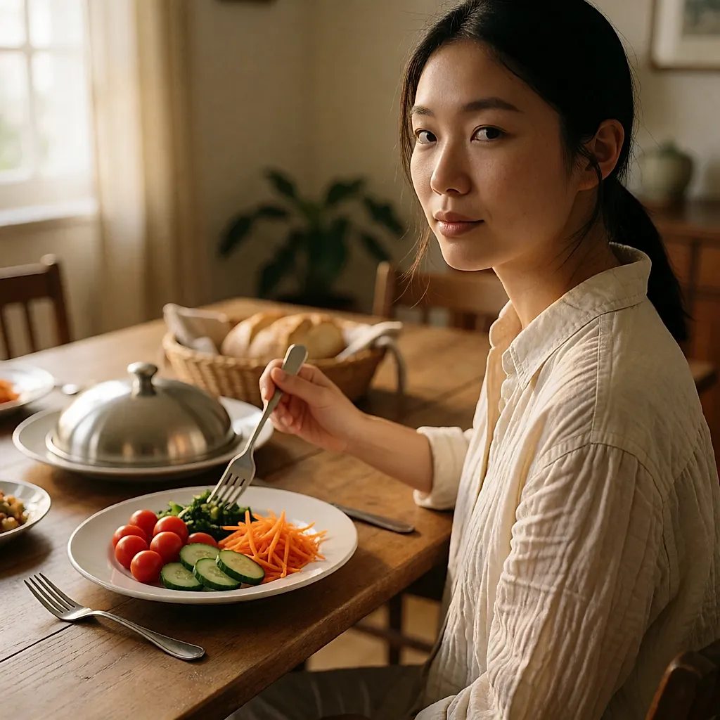 Une femme commence son repas par une assiette d'entrée de crudités, le pain en retrait