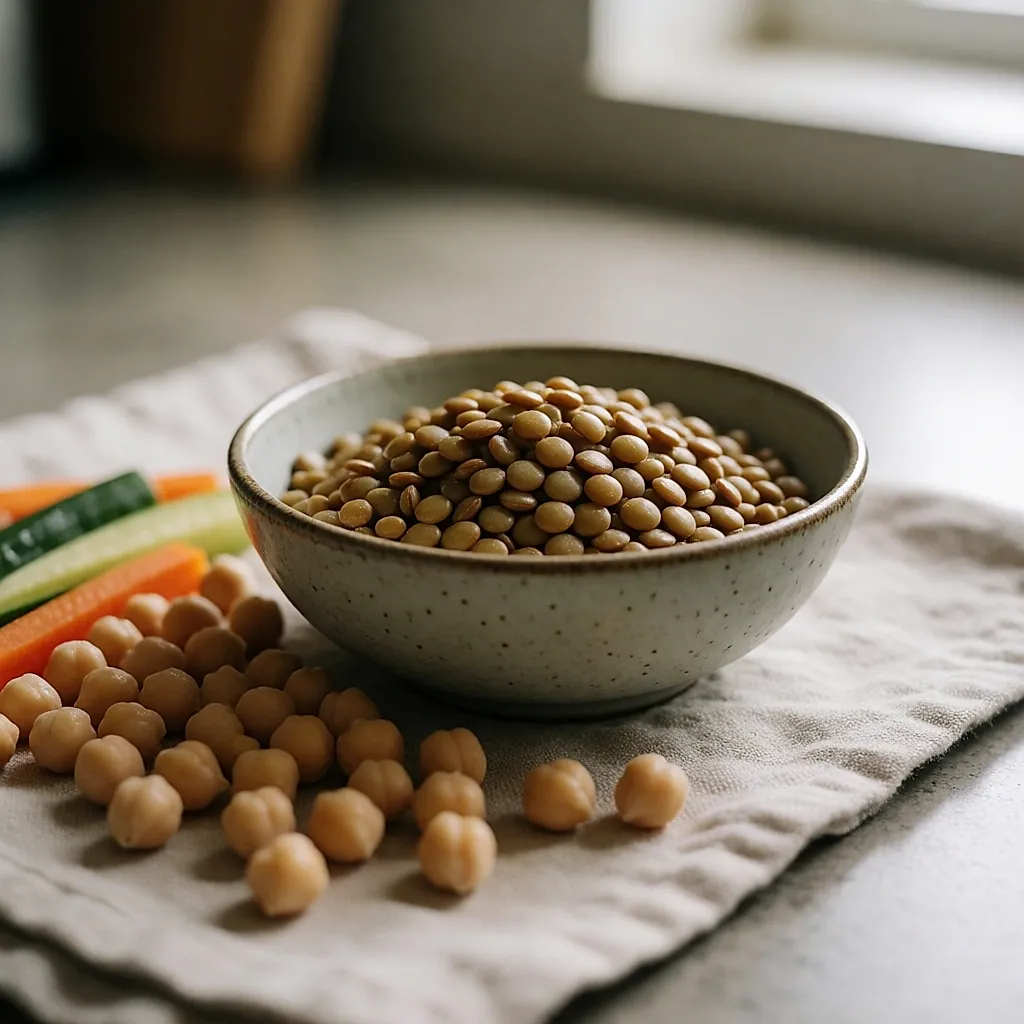 Gros plan sur des lentilles et des pois chiches, sources de fibres du repas
