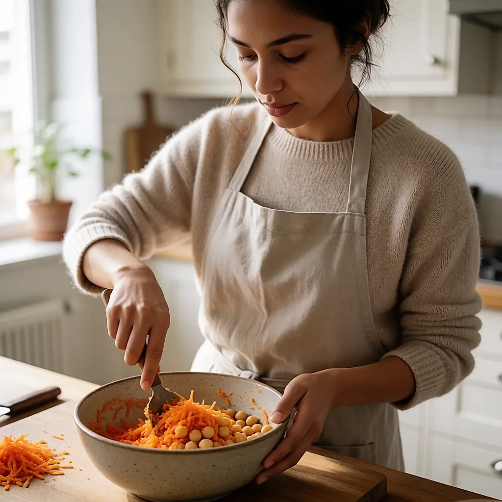 Dans une cuisine lumineuse, des carottes râpées et des pois chiches mélangés dans un saladier