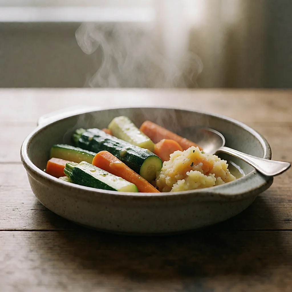 Légumes cuits fondants dans un plat en céramique, version douce pour la digestion