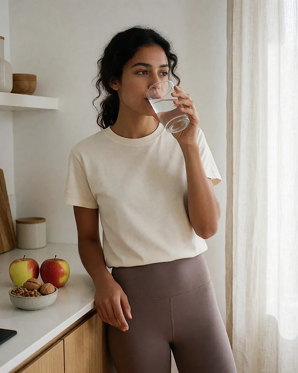 Jeune femme latina en tenue de sport buvant un verre d'eau dans une cuisine lumineuse après son footing
