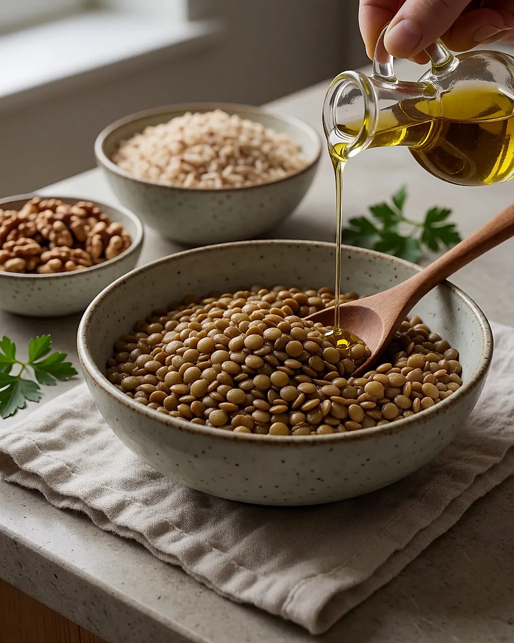 Détail de bols de céramique : lentilles cuites, riz complet et noix, filet d'huile d'olive