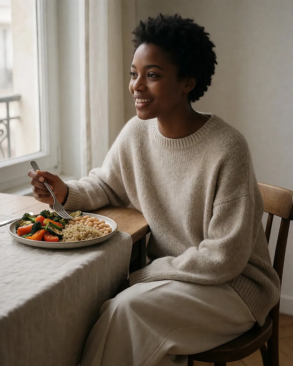 Jeune femme noire attablée devant une assiette équilibrée : légumes, quinoa et haricots blancs