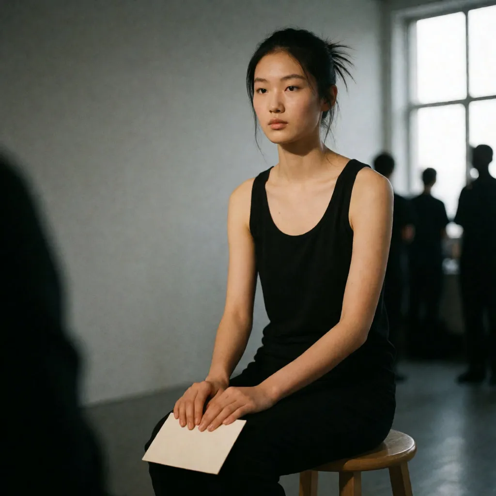 Modelo joven sentada en el backstage antes de un casting, rostro natural y luz suave