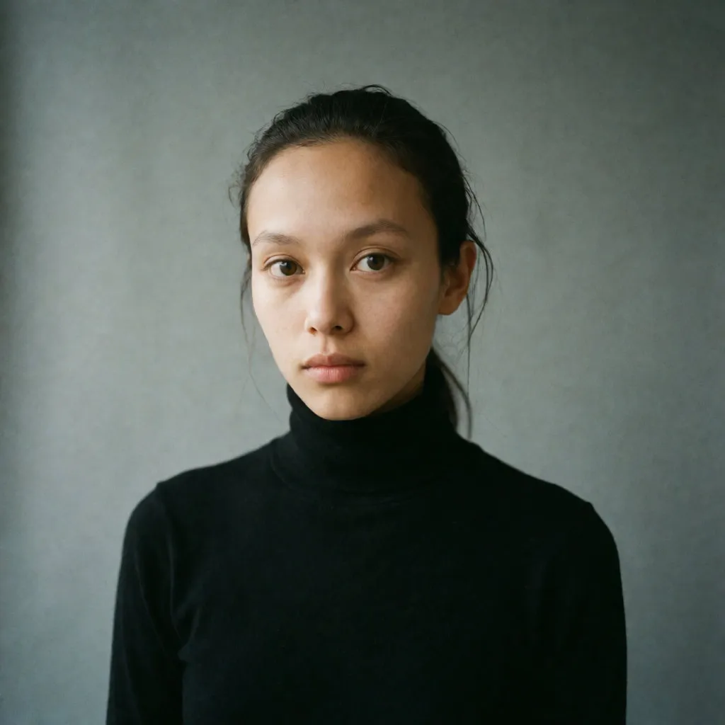 Close portrait of a young mixed-race model with a singular face against a grey background