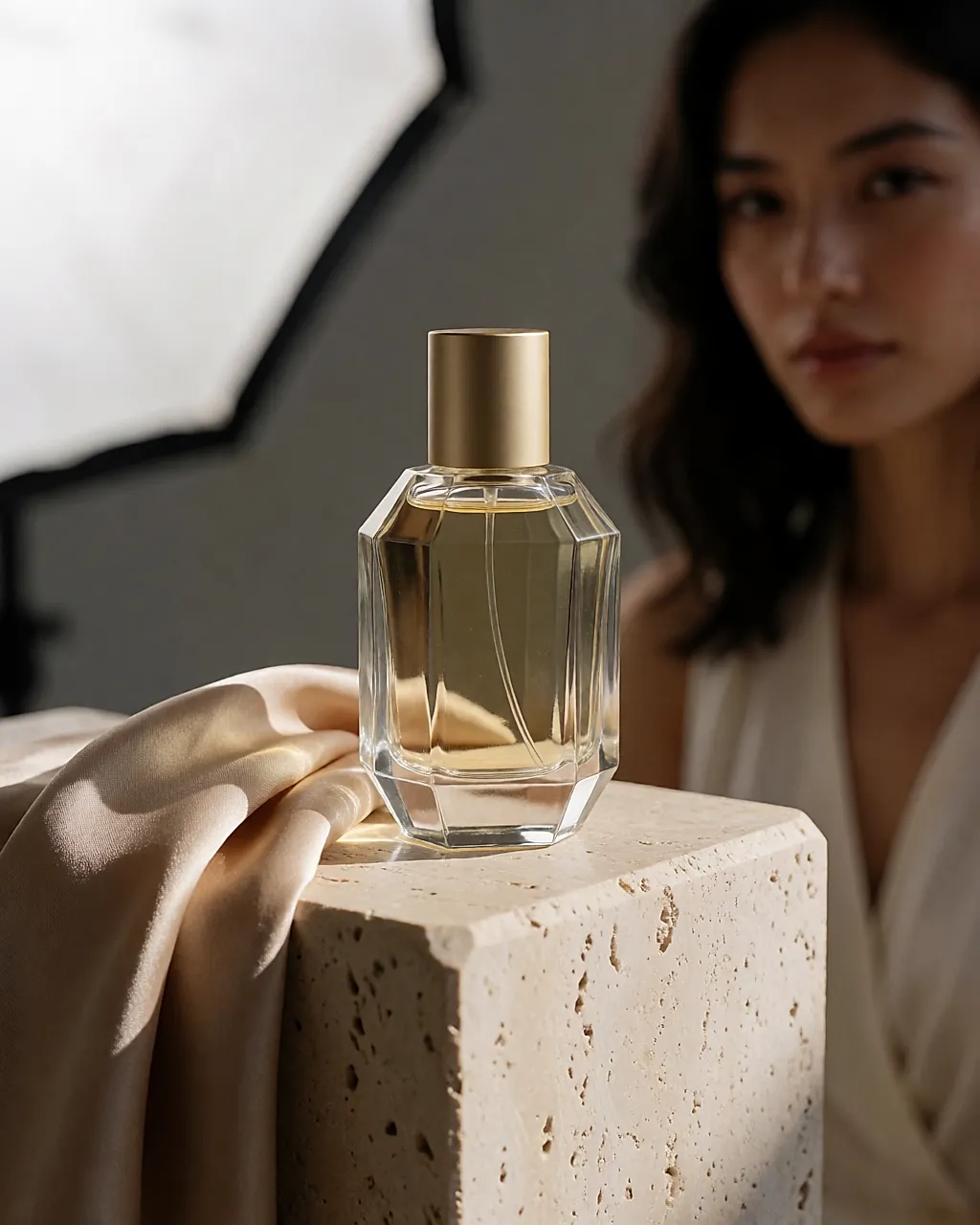 Glass perfume bottle on a stone plinth in a studio