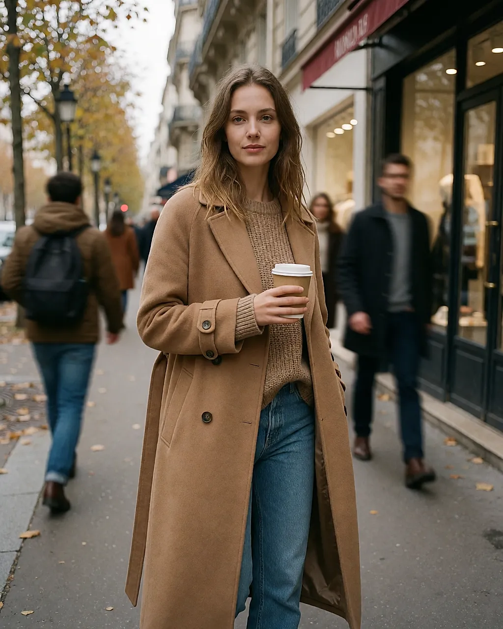 Young woman in a camel trench coat spotted on a street in autumn