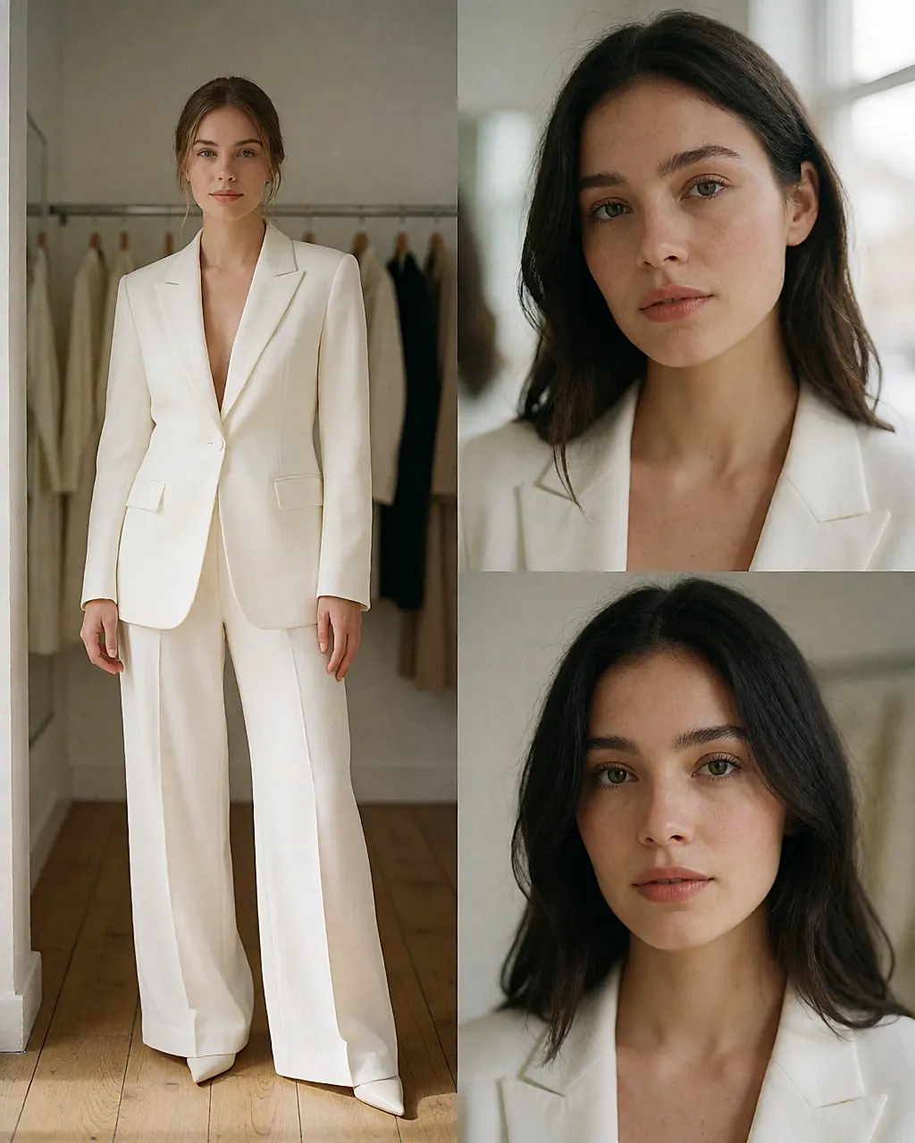 Curvy figure in a well-cut ivory suit, in a fitting room