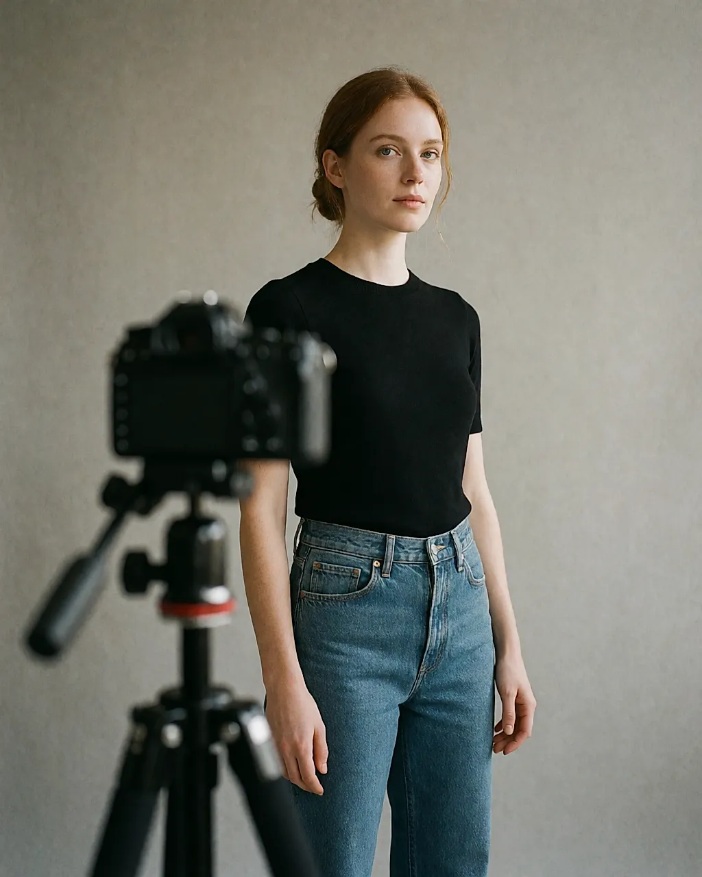 Young woman posing against a grey background at a casting