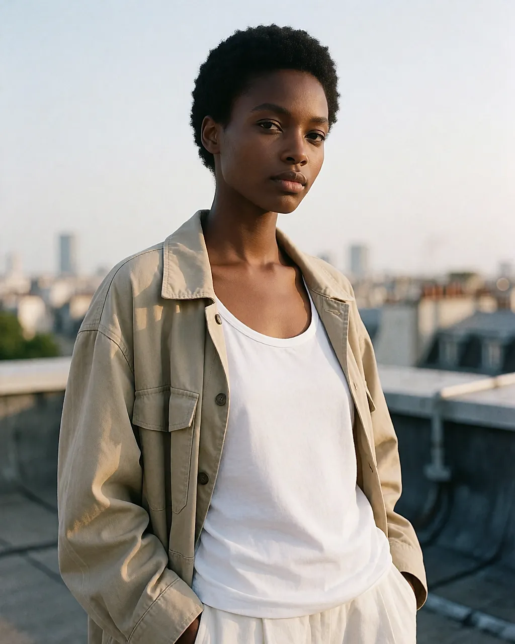 Portrait of a young woman in a beige jacket on a rooftop at the end of the day