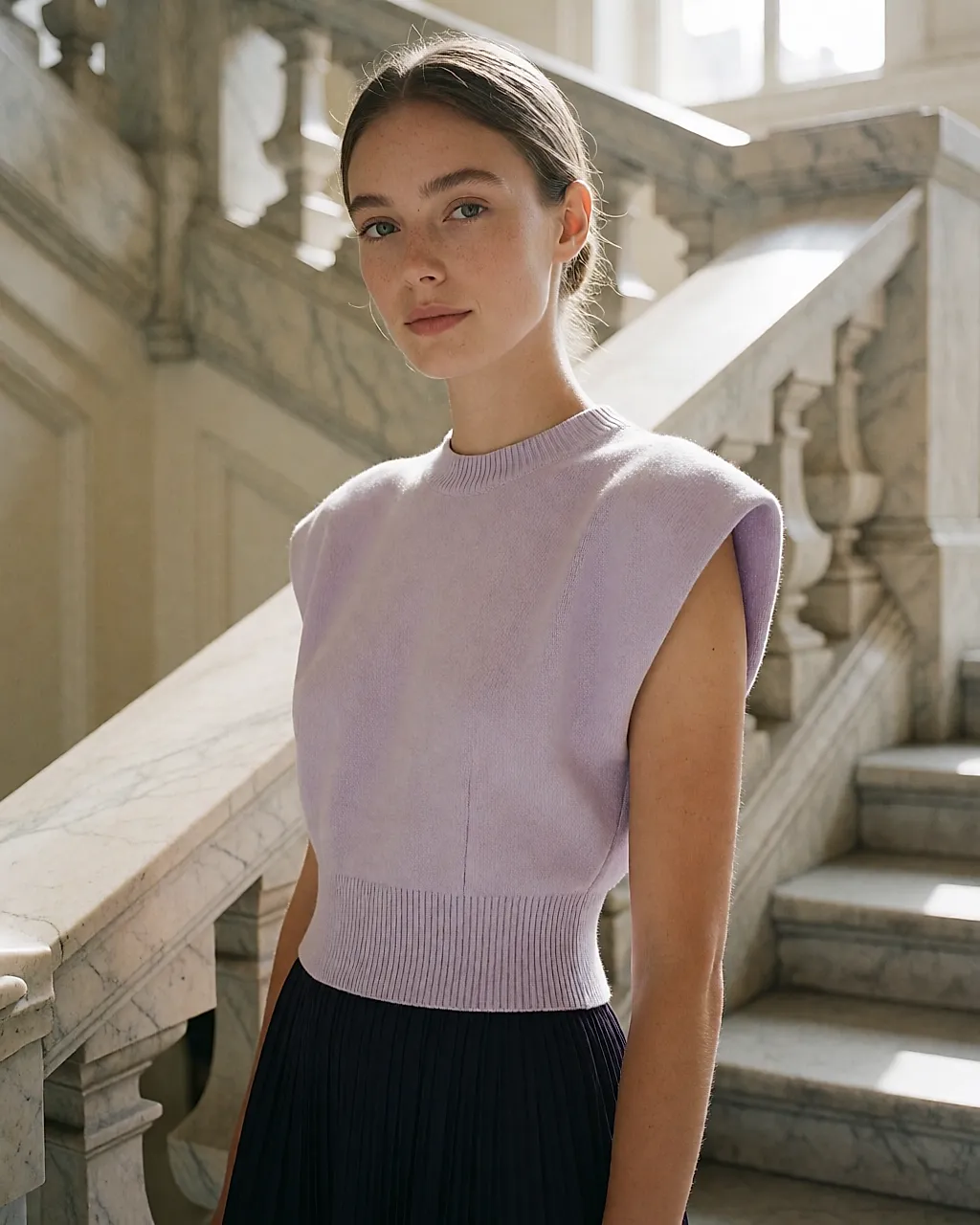 Young woman with a singular face leaning against a marble staircase