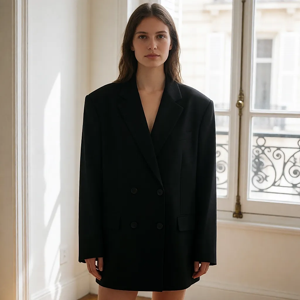 Young woman in an oversized black blazer in a backstage corridor