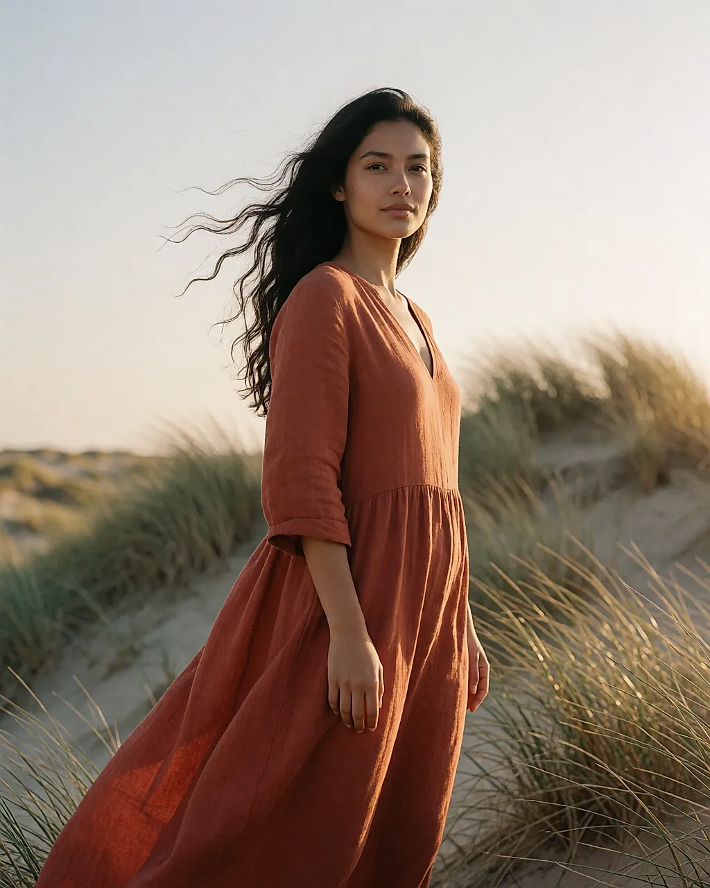 Young woman in a linen dress on a dune in golden light
