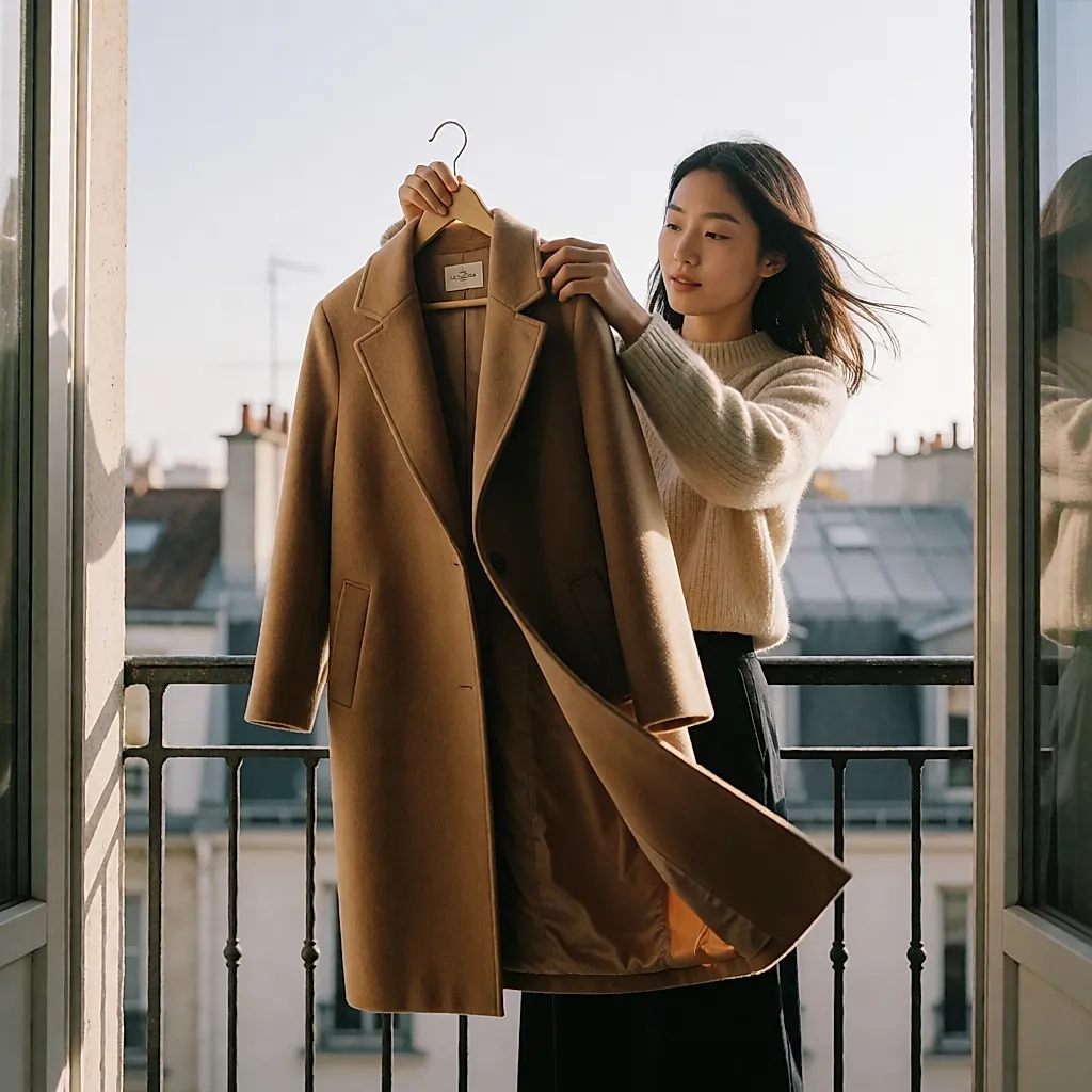 Une jeune femme suspend un manteau de laine sur un balcon abrité pour l'aérer