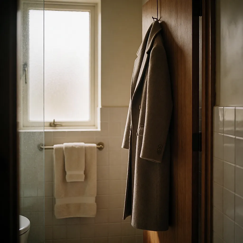 Un manteau de laine suspendu dans la vapeur d'une salle de bain après la douche