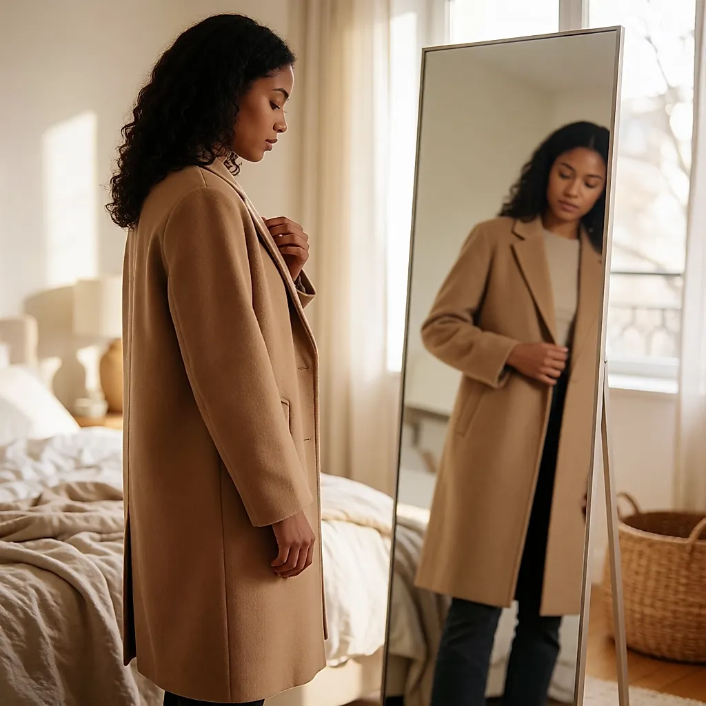 Une femme ajuste son manteau devant le miroir pour juger le tombé aux épaules