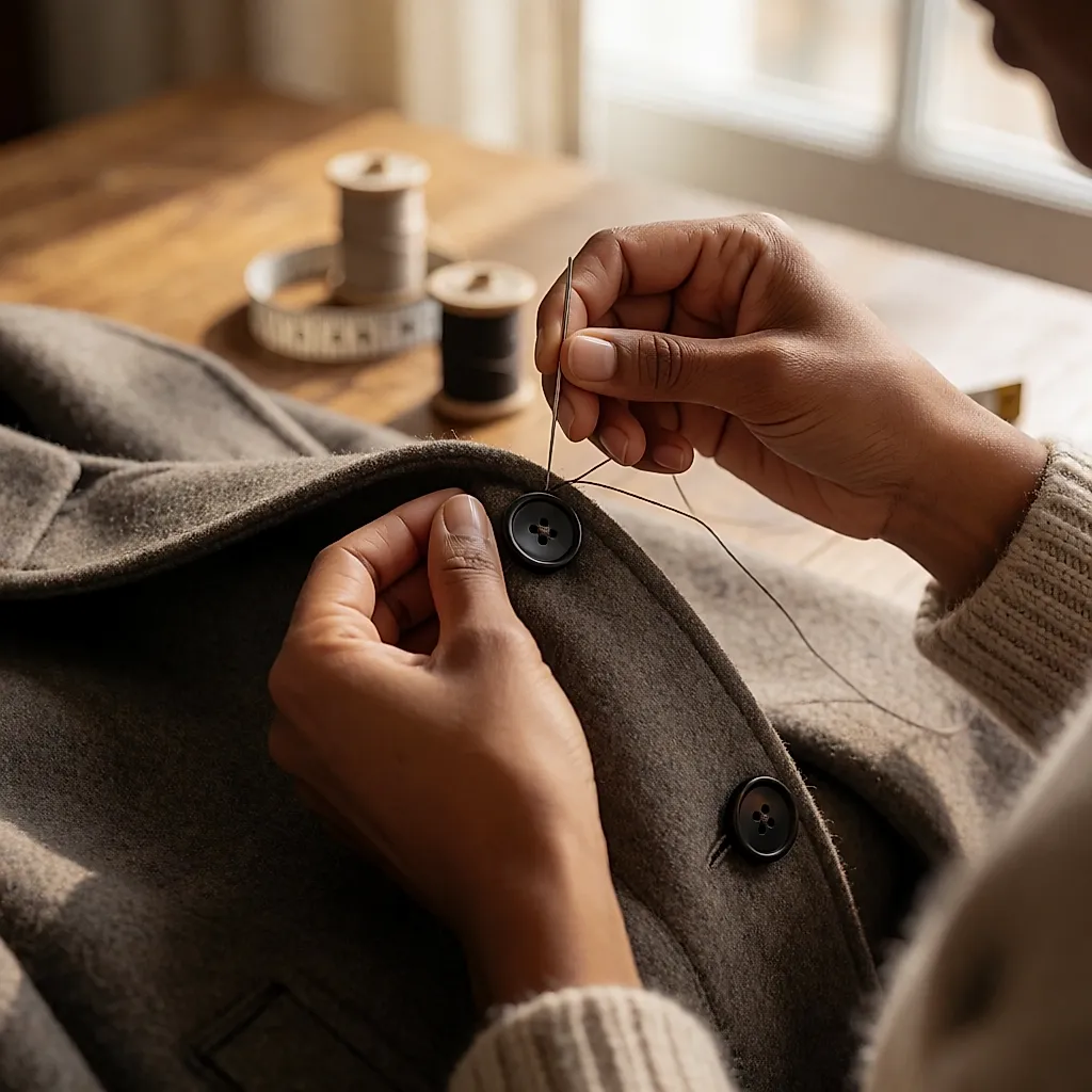 Des mains recousent un bouton de manteau avec une aiguille et du fil