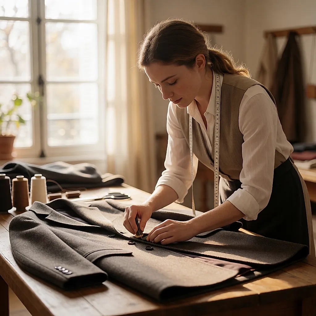 Une retoucheuse épingle l'ourlet d'un manteau de laine sur la table d'atelier
