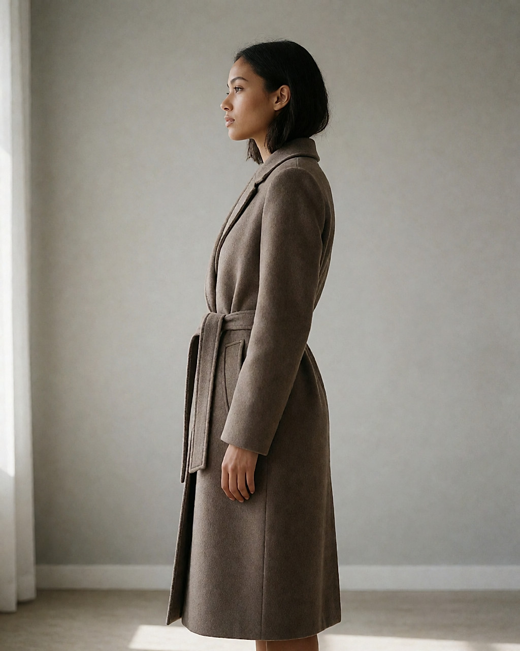Silhouette d'un manteau mi-long en drap de laine, épaules structurées, ceinture nouée
