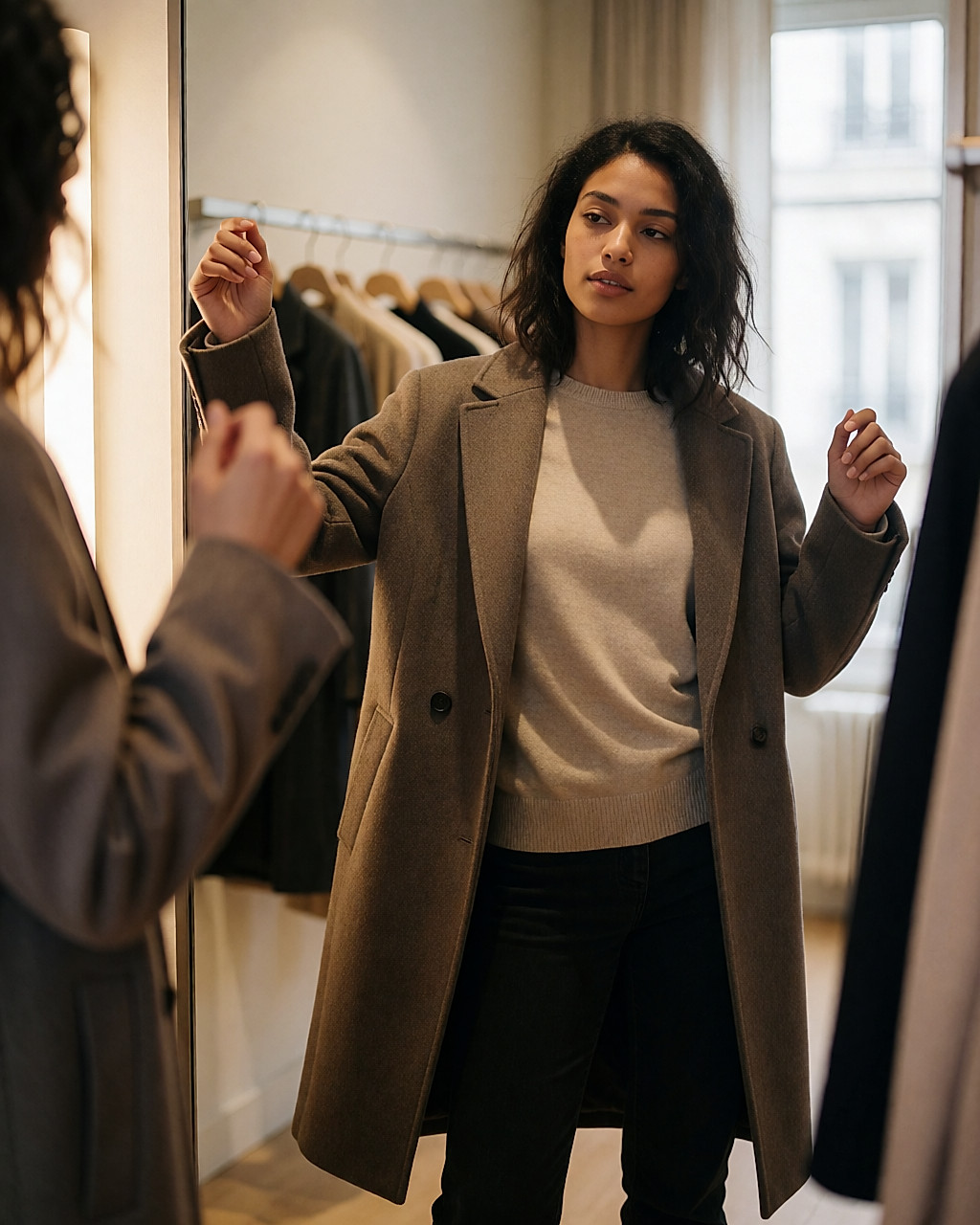 Essayage en cabine d'un manteau porté sur un pull fin et une chemise