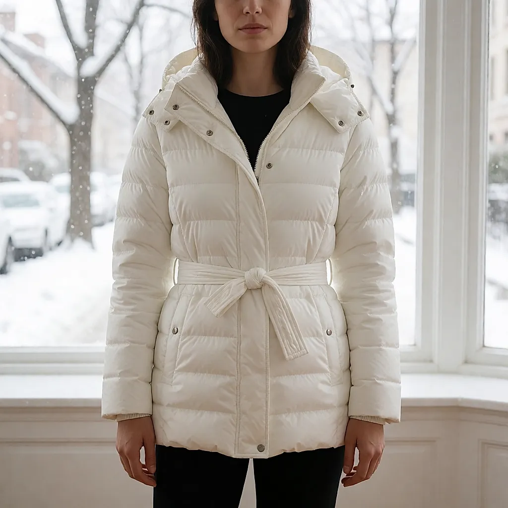 Back view of a white belted Guess puffer jacket with a hood, worn in a snowy street