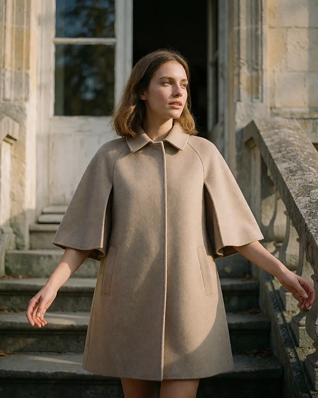 Paul&Joe cape jacket with three-quarter butterfly sleeves, worn on a staircase