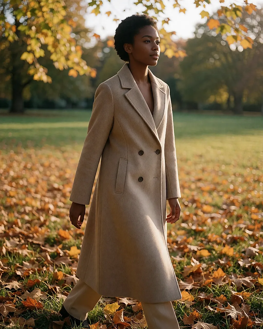 Mid-length Ba&sh trapeze coat fastened with two side buttons, worn in a park