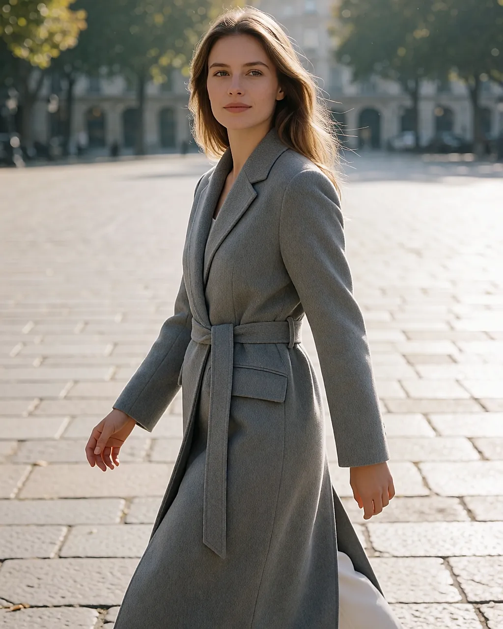 Grey Ba&sh Sissy coat belted under the bust, worn in a square