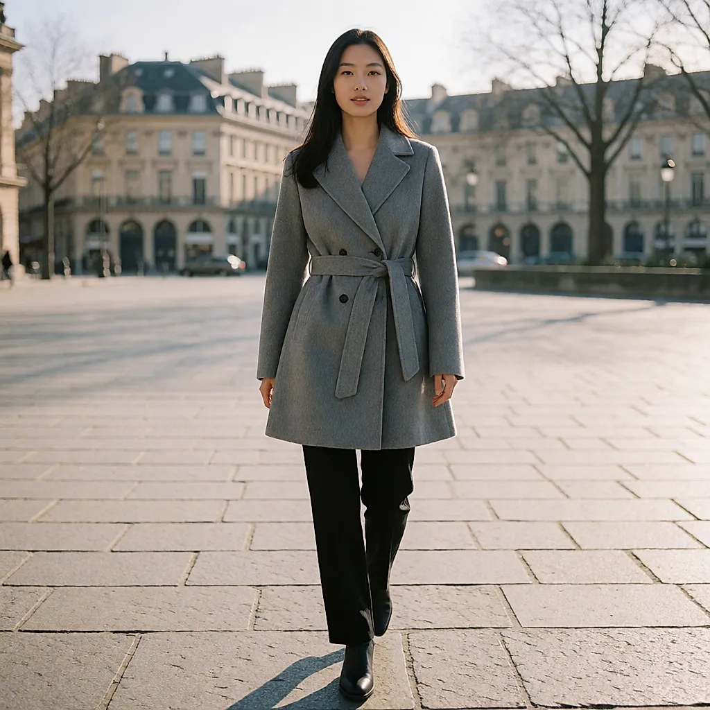 Grey Ba&sh Sissy coat belted under the bust, worn in a square