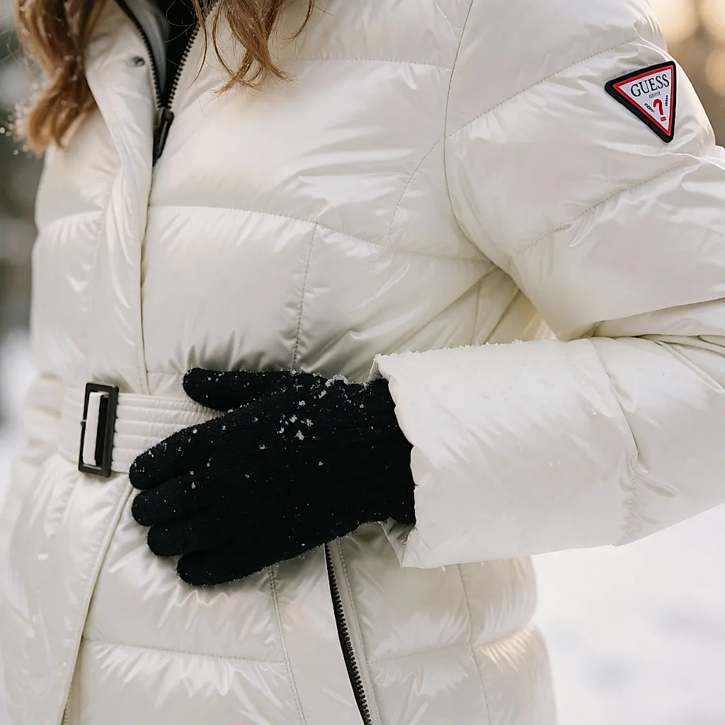 Detail of the belt and Guess logo on a white quilted puffer