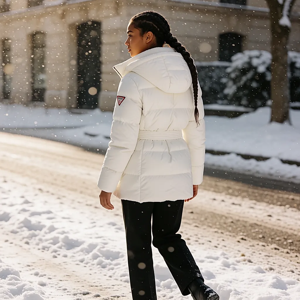 Back view of a white belted hooded Guess puffer in a snowy street