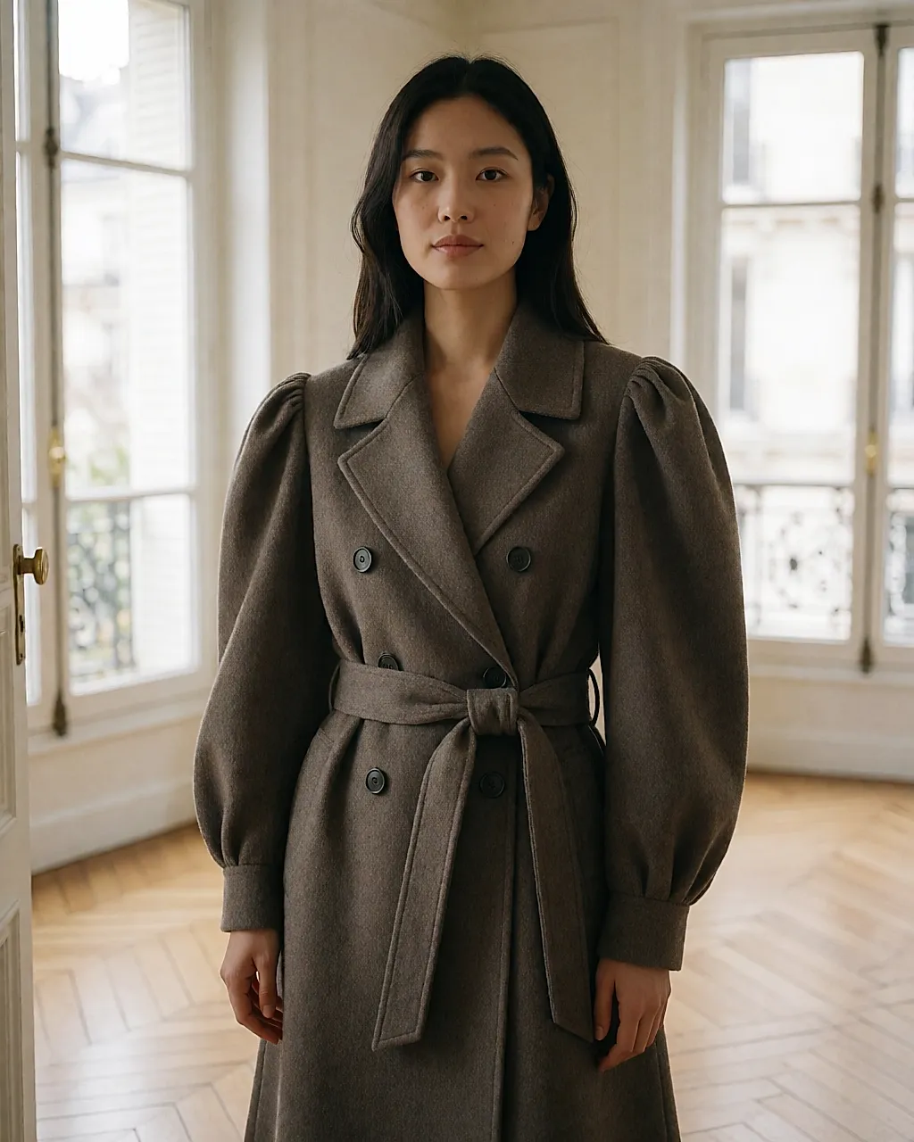 Paul&Joe double-breasted coat with puff sleeves and tie belt, worn in an apartment