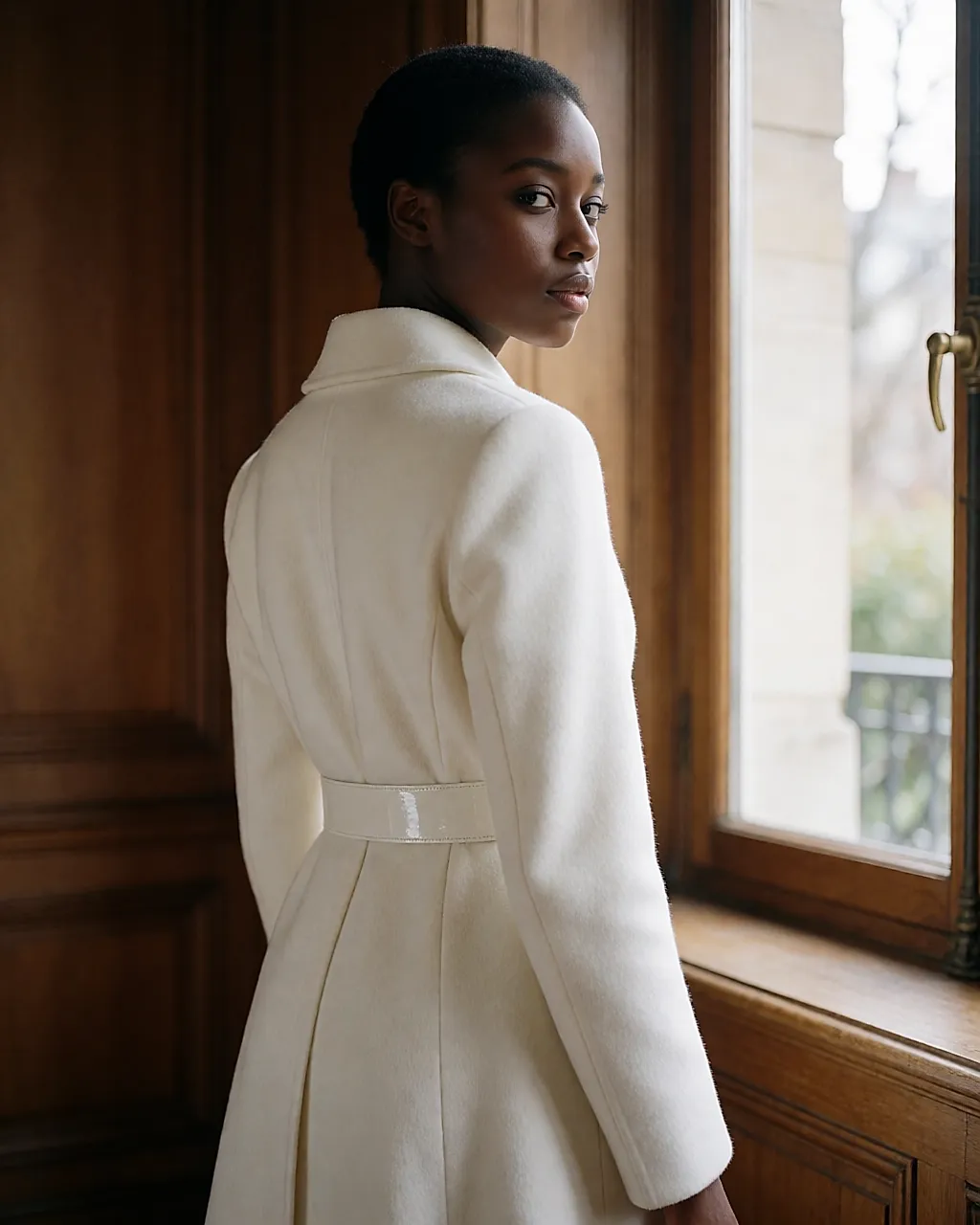 Back view of a white Comptoir des Cotonniers coat with leather belt and straight collar