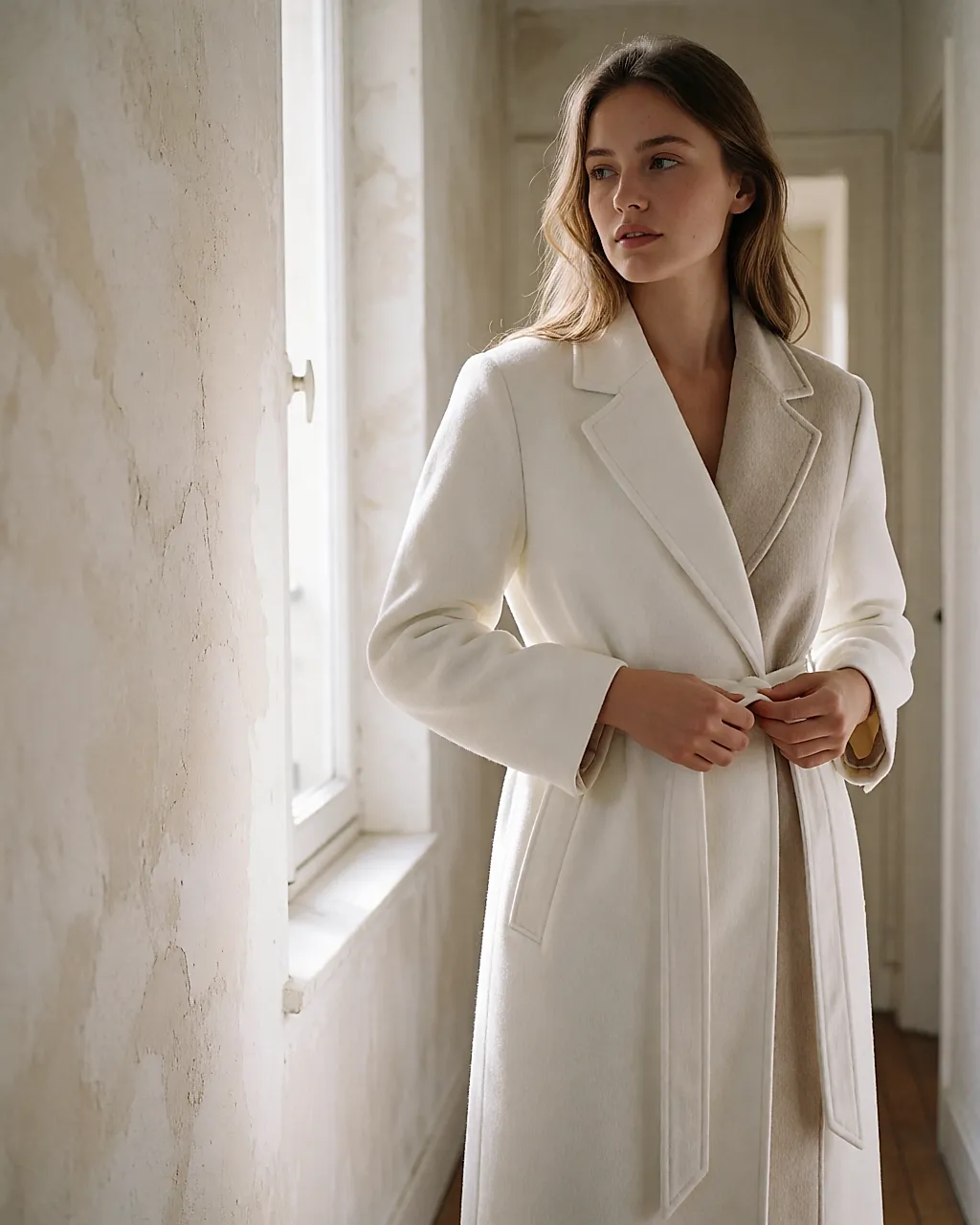 White Guess coat with contrast lining, worn in a bright hallway