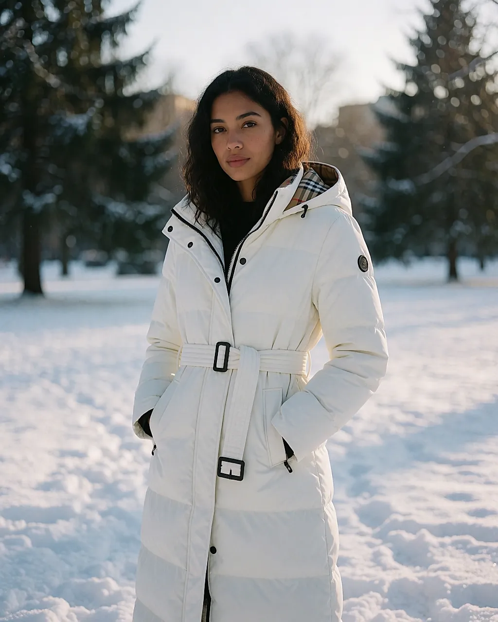 Long white belted hooded Burberry puffer worn in the snow