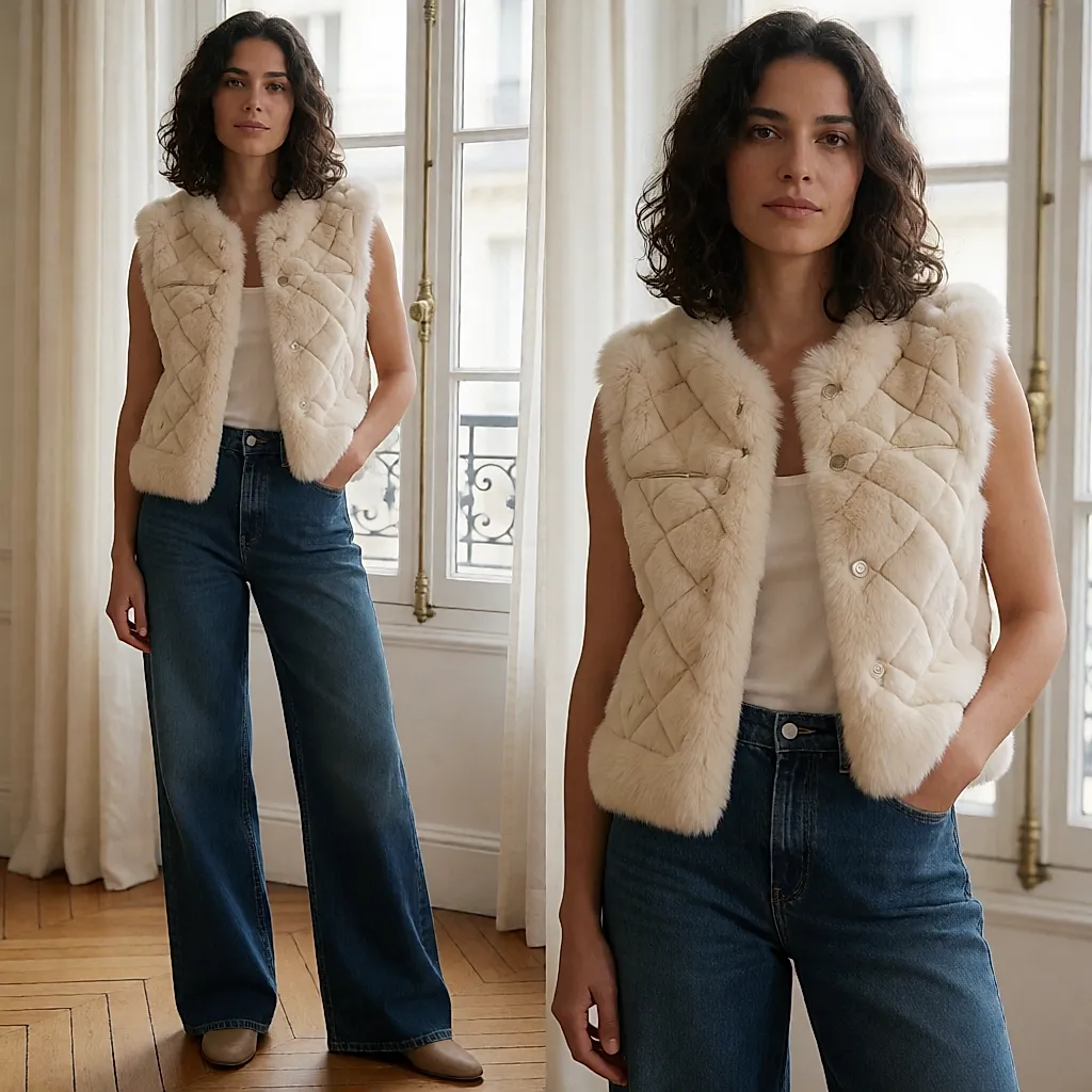 Cinched Guess quilted jacket with press studs and faux fur, worn with wide-leg jeans