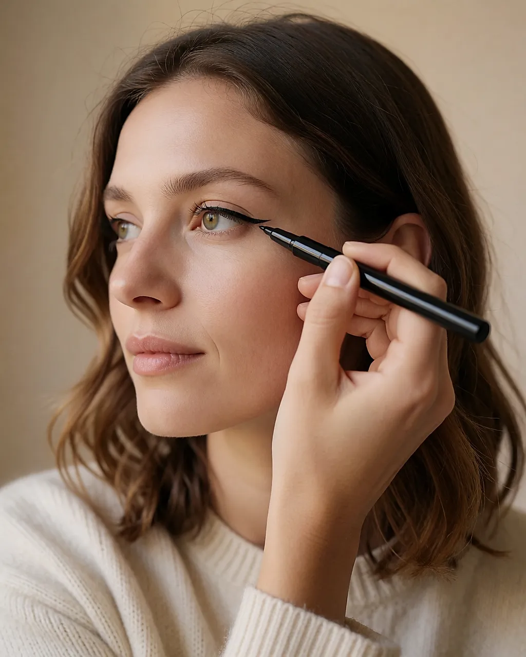 Junge Frau zieht mit einem Filzstift einen feinen Eyeliner-Strich auf dem oberen Augenlid