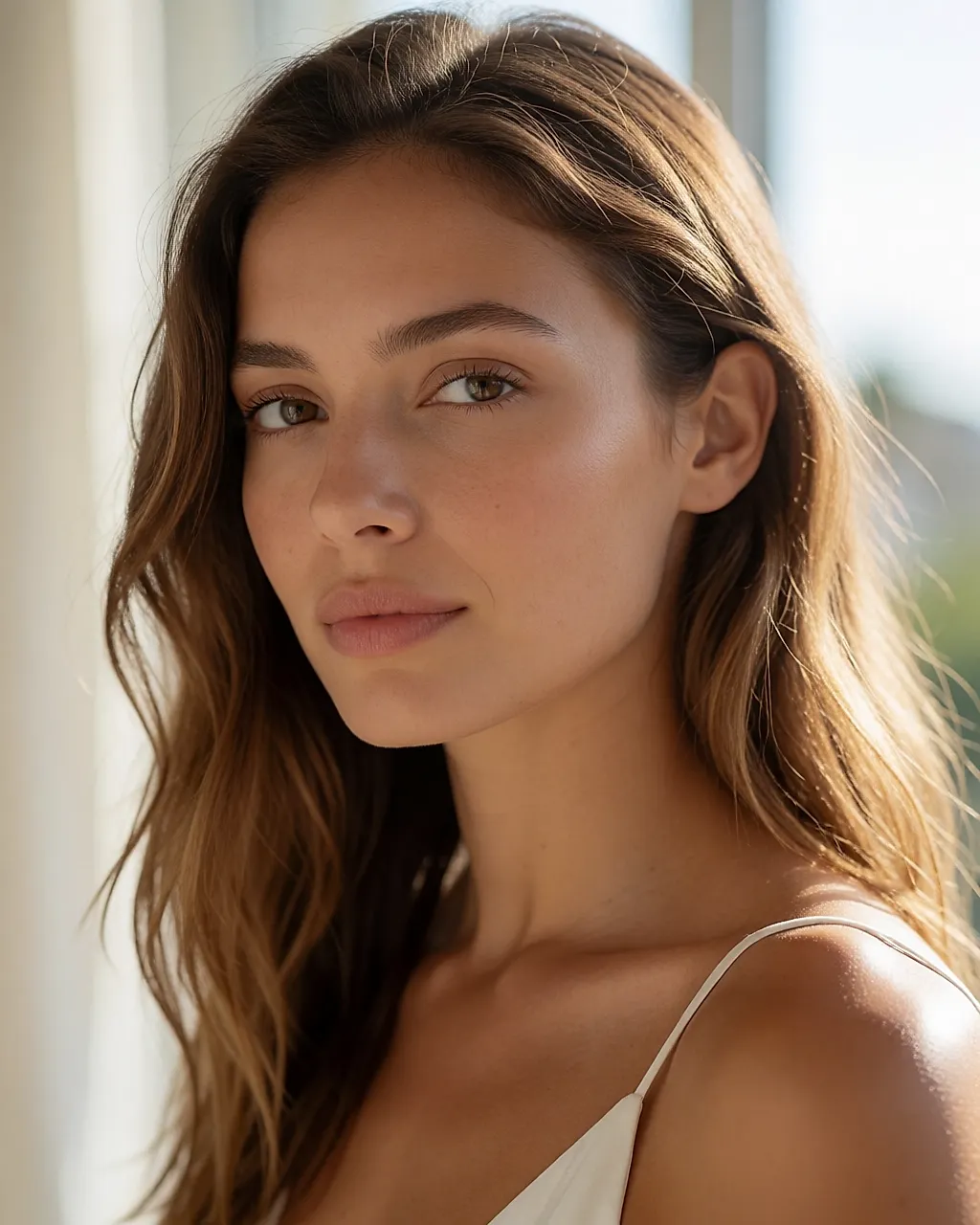 Goldene Haut, rosiges Blush und blassrosa Lippen, heller Stift unter den Wimpern