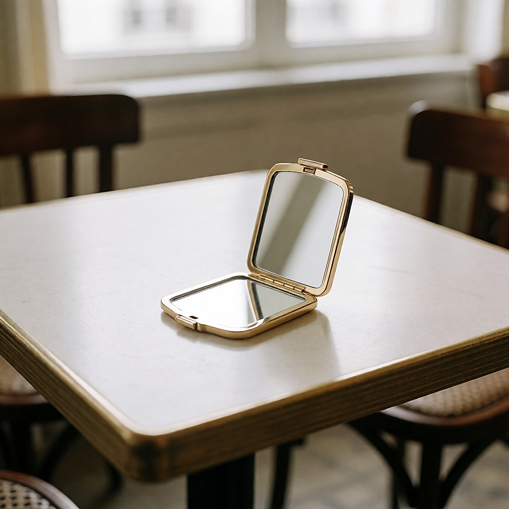 Nachbessern eines karminroten Lippenstifts am Cafétisch, geöffneter Taschenspiegel