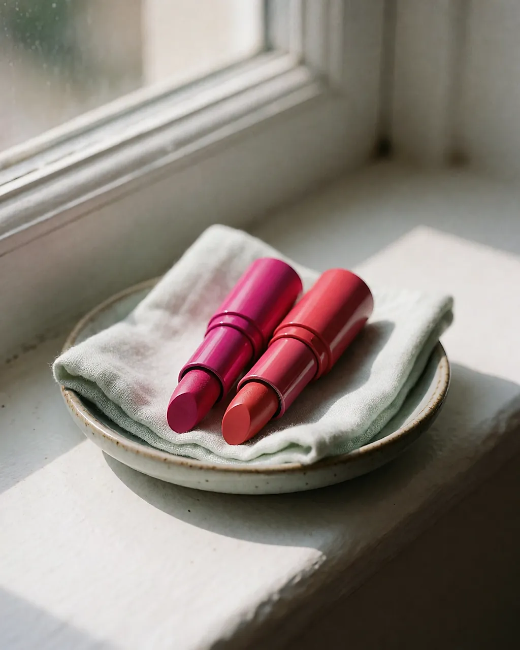 Zwei fuchsiafarbene Lippenstifte, einer blaustichiger, einer wärmer, nebeneinander