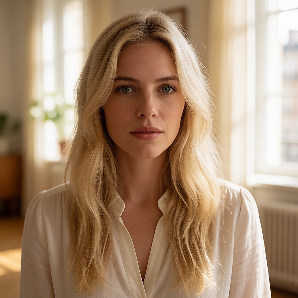 Total-Karamell-Look auf platinblondem Haar, warmes Licht