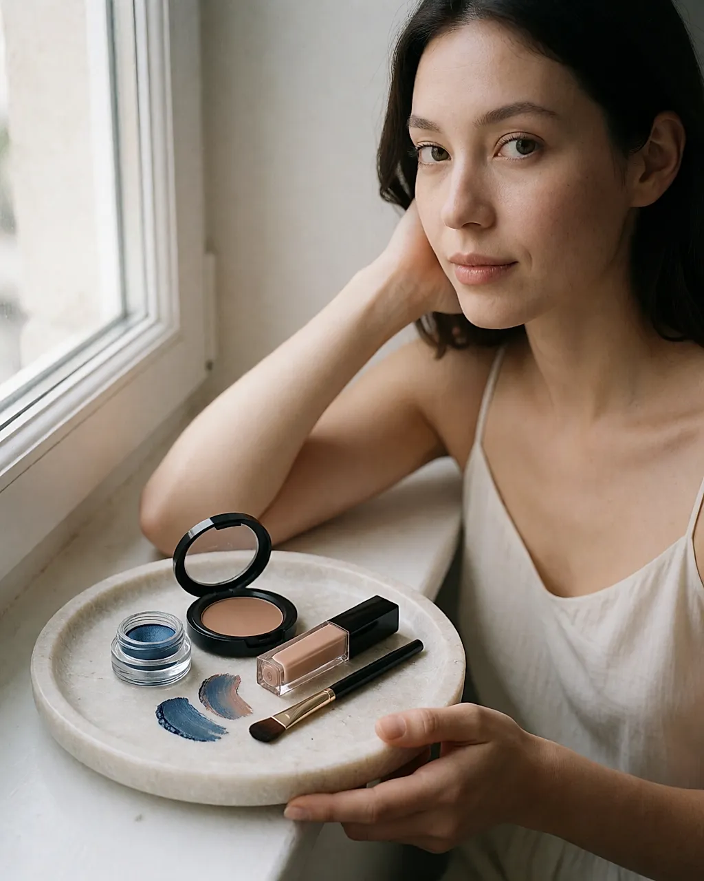 Tiegel mit petrolblauem Lidschatten, Pflaume und Nude-Gloss auf einer Steinschale